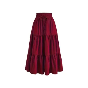Elegant high waisted deep red tiered maxi cake skirt with adjustable drawstring