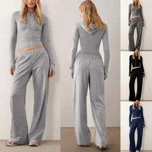 Set Top E Pantaloni Da Donna In Maglia Tinta Unita Felpa Con Cappuccio Con Cerniera Crop Top E Pantaloni A Gamba Larga A Vita Alta Completi Casual Tuta