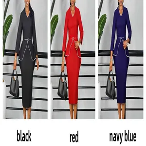 Elegant long sleeve peplum pencil dress shown in black, red, and navy blue colors