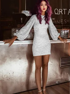 Elegant silver sequin bodycon mini dress with stylish lantern sleeves for party.