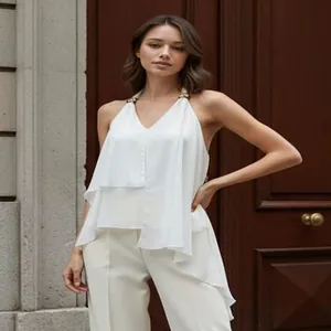 Elegant white French-style halter chiffon vest with asymmetric hem for women.
