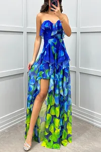 Detailed full view of blue and green floral mesh strapless dress with ruffled high-low hemline