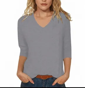 Detailed view of women's casual grey V-neck T-shirt featuring comfortable 3/4 sleeves.