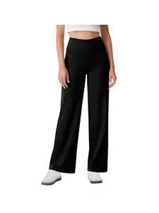Women's high-waisted black yoga pants with pockets and pintuck front seams.