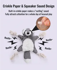 Jouet en peluche raton laveur pour chien avec couineur et cordes en coton à mâcher