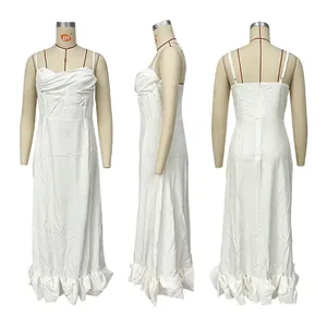 Elegant white spaghetti strap maxi dress with ruffled hem showing front side and back views