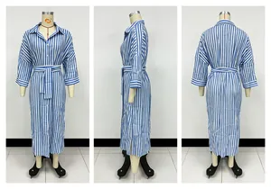 Blue and white striped shirt dress with waist tie, front, side, and back detail views