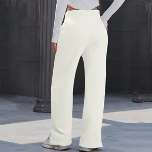 Back view of elegant women's white high-waisted wide-leg trousers in a casual style