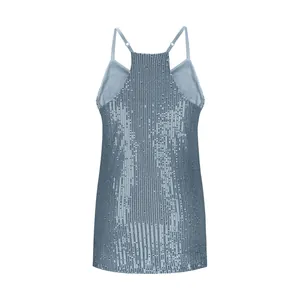 Back view of a light blue sequined tank top featuring thin straps and racerback design
