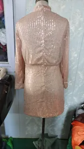 Detailed back view of a rose gold sequin long sleeve mini dress shown on a mannequin
