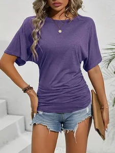 Detail of purple slim-fit t-shirt featuring side ruched pleats and a round neckline