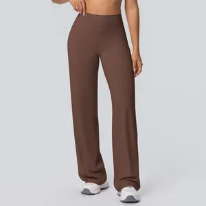 High-waisted coffee brown yoga flare pants with a breathable brushed finish