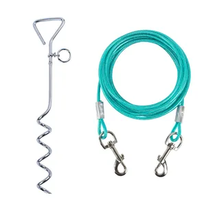 Durable spiral dog tie-out stake set with turquoise steel wire cable and dual clips.