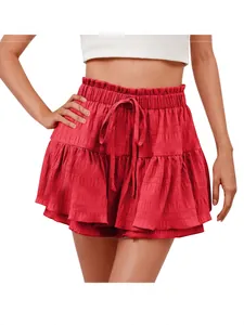 Elegant women's solid red summer ruffled skort featuring drawstring waist and tiered layers