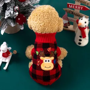 Festive Christmas reindeer plaid knitted dog sweater for small pets in holiday scene