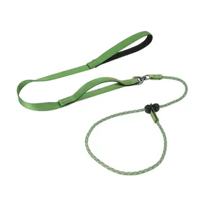 Close-up detail view of durable green dual-handle dog leash with integrated P-chain design