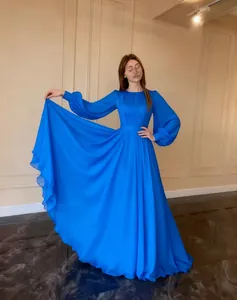 Elegant cobalt blue French court style chiffon maxi dress with pleated bodice detail