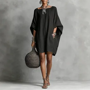 Loose black batwing sleeve cotton linen style casual dress for chic summer looks