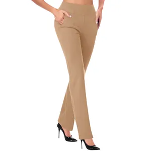 Detail view of khaki high-waisted yoga pants with tummy control and slim fit design.