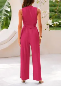 Back view of magenta two-piece summer knit set with tank top and wide-leg pants