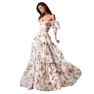 Elegant off-the-shoulder floral organza evening gown for women, long romantic dress