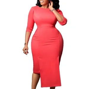 Elegant red slim-fit mid-length OL office dress featuring unique asymmetrical front slit detail