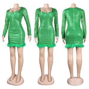 Full view of a green sequin bodycon dress with feather trim from three different angles