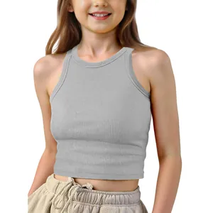 Close-up of children's gray ribbed sleeveless tank top in a breathable summer knit