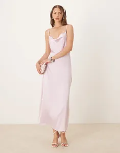 Full length view of elegant lavender cowl neck satin slip dress with a slim fit design