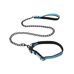 Durable stainless steel dog chain leash and padded blue collar set for large dogs