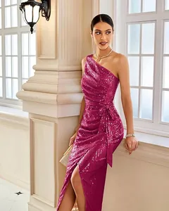 Sophisticated magenta one-shoulder sequin dress featuring side slit and waist tie detail