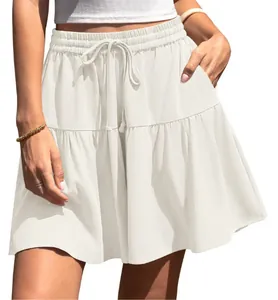 White high-waisted casual mini skirt with drawstring and pockets for summer wear