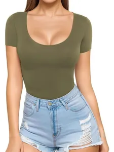 Slim fit olive green scoop neck short sleeve T-shirt bodysuit for women