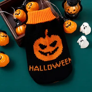 Maglione per cani in maglia di Halloween con faccia di zucca e colletto arancione