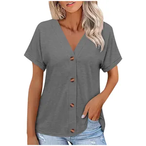 Casual grey V-neck short sleeve T-shirt with button details for women