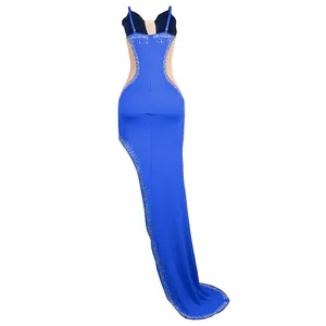 Detailed back view of sexy royal blue evening gown with sheer mesh and rhinestones