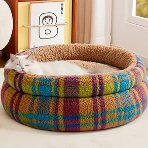 Lit Rond pour Animaux de Compagnie Vintage à Carreaux Épais Chaud Peluche Niche Chat Chien Coussin de Sommeil Lavable Canapé
