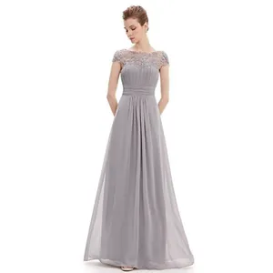 Elegant light purple lace bridesmaid dress with pleated waist and chiffon skirt.