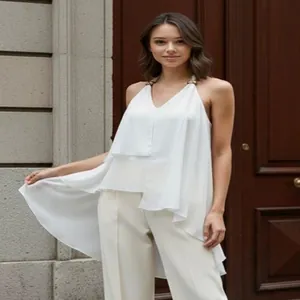 Elegant white halter neck chiffon tank top with an asymmetric hem, perfect for chic summer style.