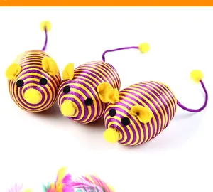 Close-up of three striped mouse-shaped cat toys with purple and yellow patterns
