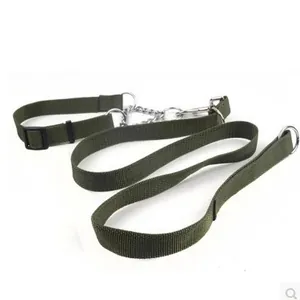Professional army green nylon pet leash and adjustable collar set for large breeds