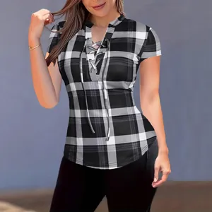 Fashionable black and white plaid slim fit top featuring stand collar and chest lace-up