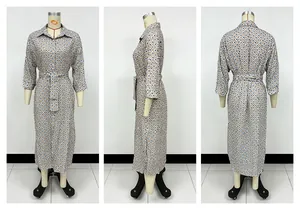 Three-angle view of a geometric diamond print shirt dress with waist tie and collar