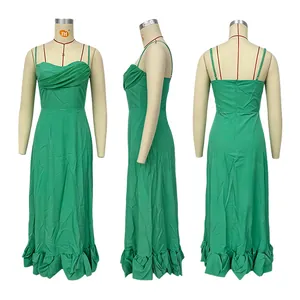 Detail views showing front, side, and back of the green ruffled hem spaghetti strap dress.