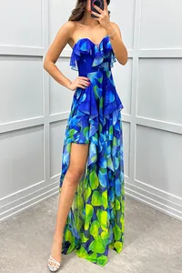 Vibrant blue and green floral print mesh strapless ruffled high-low dress for parties.