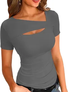 Detail view of a grey slim-fit ribbed t-shirt featuring an irregular cutout neckline.