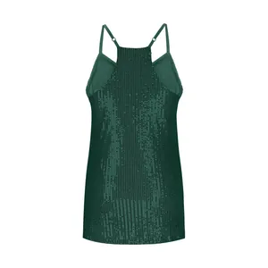 Back view detail of a women's dark green sequined sleeveless camisole top with thin straps