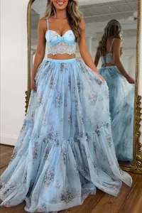 Set due pezzi floreale azzurro con bralette in pizzo e gonna lunga in chiffon per donna
