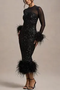 Elegant black sequined party dress with sheer mesh sleeves and feather trim detail.