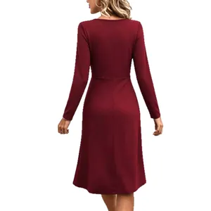 Elegant burgundy solid color long-sleeved midi dress with flared A-line skirt back view